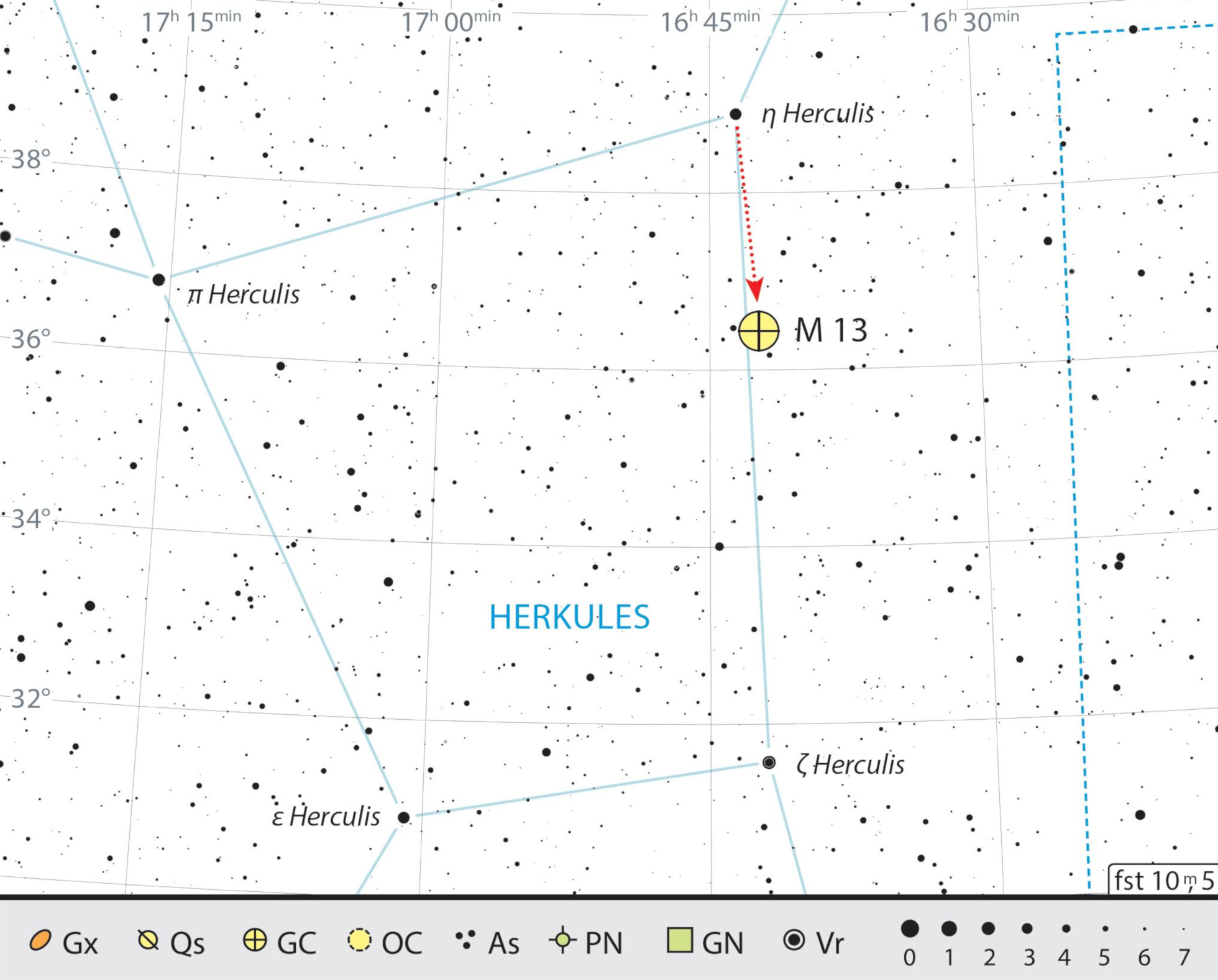 Mapa starhoppingu do M13. J. Scholten