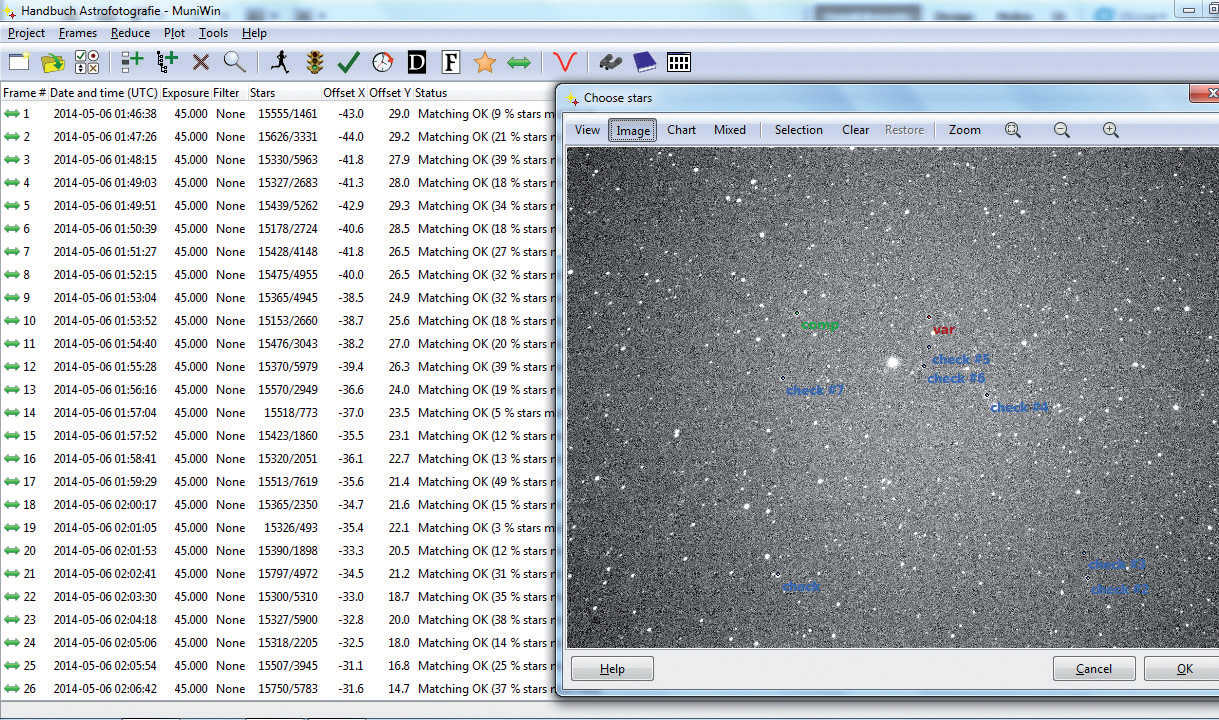 The individual images were loaded into Muniwin. In this process step, the exoplanet’s parent star and various reference stars were marked. U. Dittler