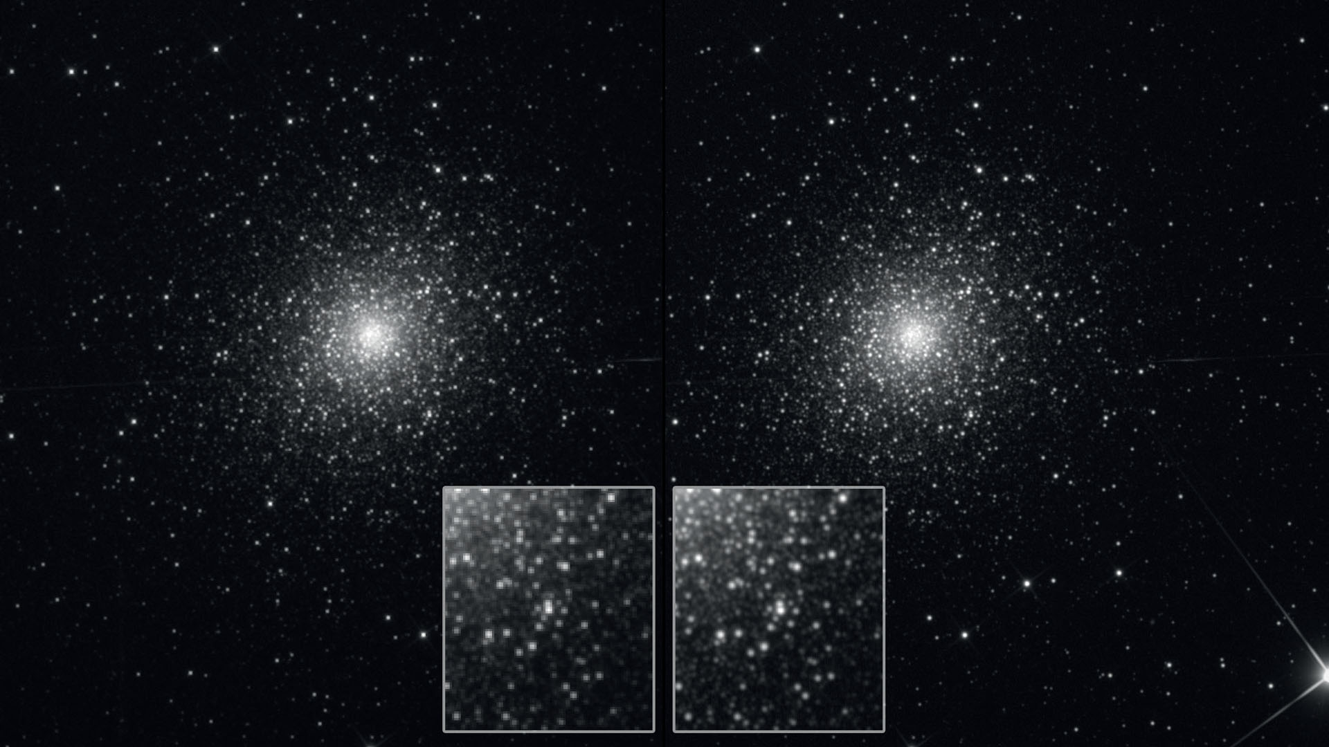 L’amas globulaire M5 : à gauche, avec empilement normal. À droite, avec drizzle-stacking de 20 images, temps d’exposition 300 s chacune. Pour comparaison, la version normale a été mise à la même échelle d’image que l’image reconstruite. Le setup, pour l’image, se situait dans la plage de sous-échantillonnage, reconnaissable aux nombreux profils d’étoiles reproduits de façon non idéale et apparaissant quelque peu pixelisés. Une lunette avec une ouverture de 105 mm et une distance focale de 670 mm était équipée d’un appareil photo avec des pixels de 9 µm. L’échantillonnage se situe ainsi à 2,77"/pixel, pour un pouvoir de résolution théorique de 1,14". La technique du drizzle permet une résolution plus fine des étoiles fortement groupées et les couples d’étoiles rapprochées sont plus nettement séparés (résultat à droite). M. Weigand