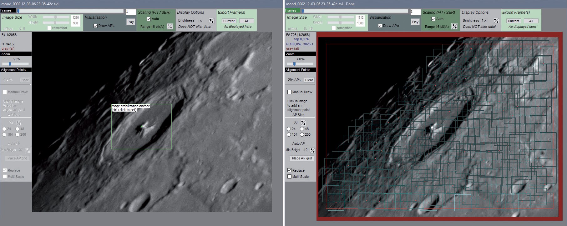 The image display with the stabilising anchor on the centre mountain of Pythagoras on the left, and the grid of alignment points on the right. M. Weigand