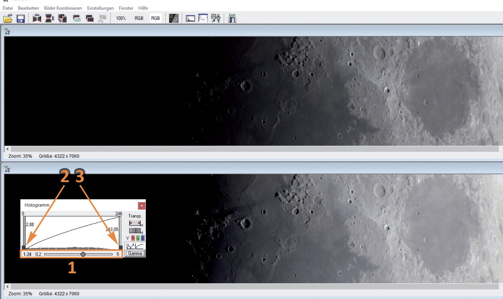 Mit dem Gamma-Regler (1) werden die dunklen Partien am Terminator etwas aufgehellt.
Schwarz- (2) und Weißwert (3) dienen ggf. der Kontrastanpassung. M. Weigand