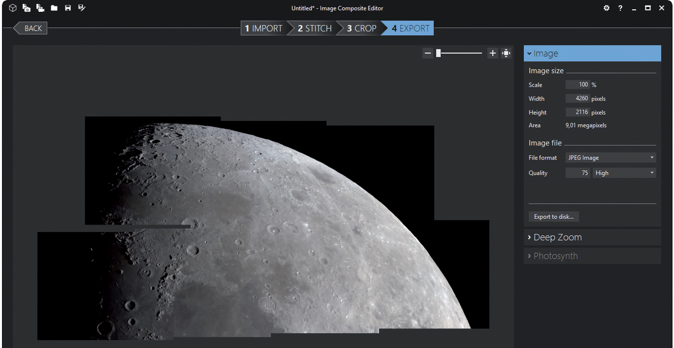 Das Programm Image Composite Editor von Microsoft ist leicht zu bedienen. Der
Arbeitsablauf ist in den vier Schritten IMPORT, STITCH, CROP und EXPORT organisiert. M. Weigand