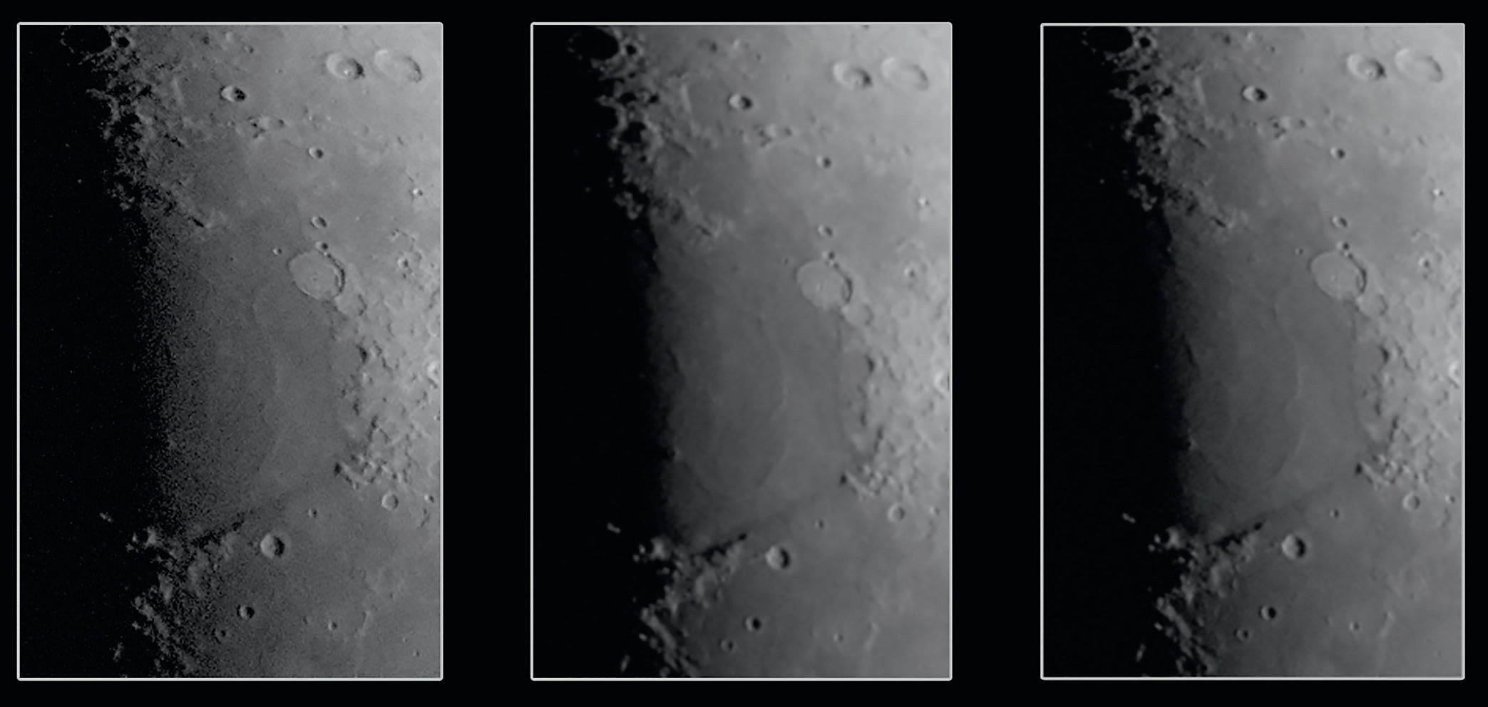 Vergrößerte Ausschnitte verdeutlichen die Unterschiede: Ohne Reducer (links) ist die Auflösung am besten, jedoch versinken Strukturen in Mare
Serenitatis am Terminator im Rauschen. Mit Reducer (Mitte) ist die Darstellung deutlich besser, aber die Detailschärfe hat sich gleichzeitig sichtbar verschlechtert.
Rechts: Ein nachträglich per Software verkleinertes Bild liefert ein etwas stärkeres Bildrauschen als das echte Reducer-Bild. M. Weigand